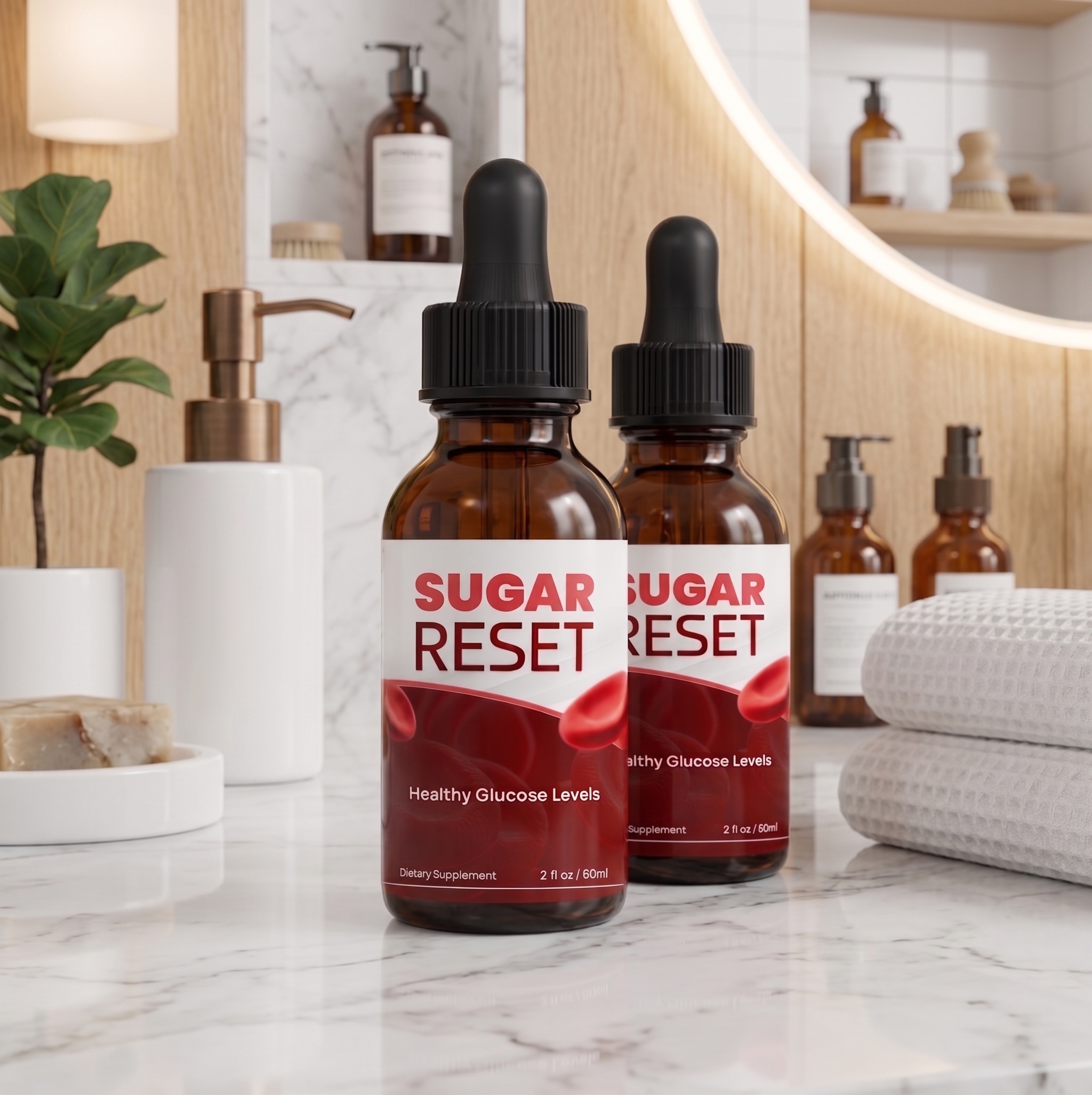 Sugar Reset bottles on a bathroom counter